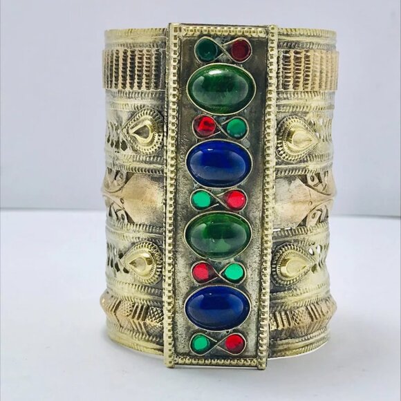 Single Vintage Cuff Bracelet With Green and Blue Glass Stones